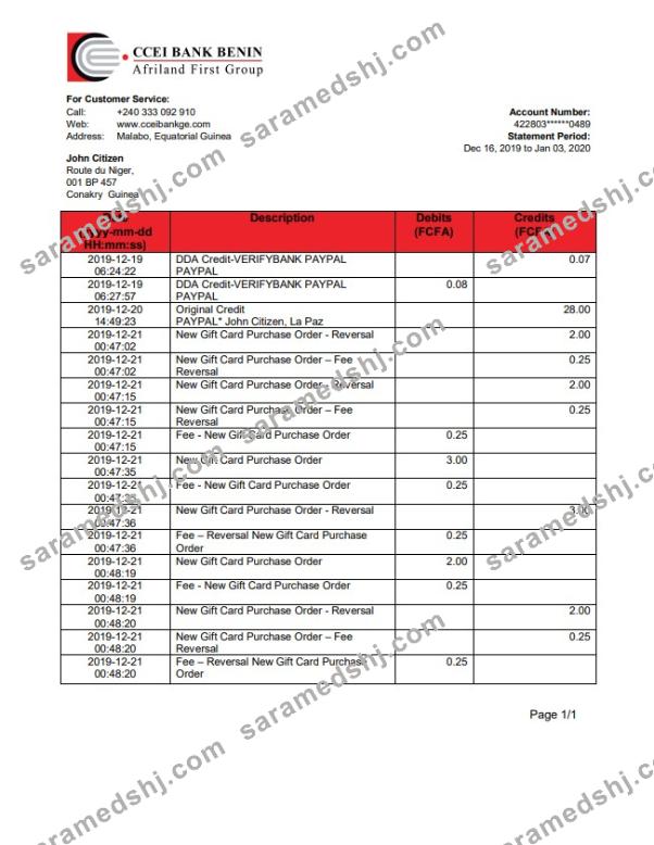 Equatorial Guinea CCEI Bank proof of address statement template